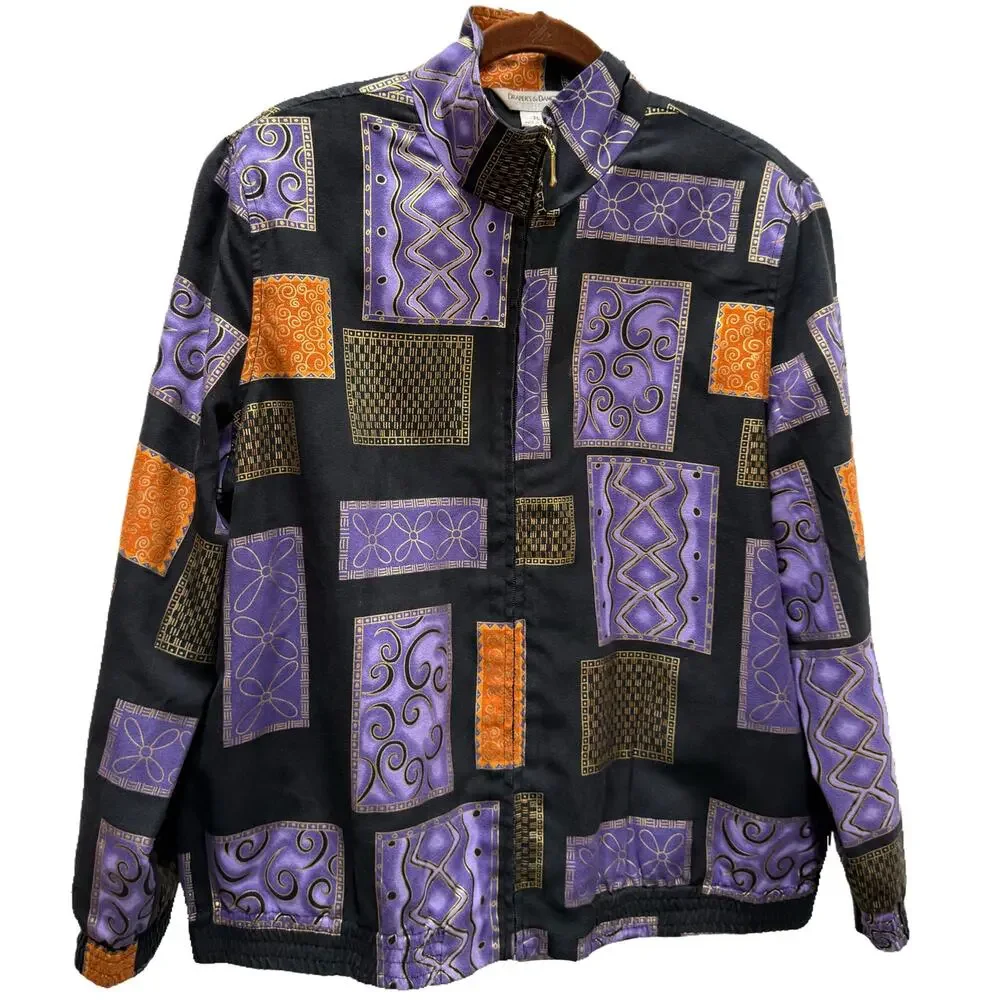 Vintage Jacket Purple Black Gold Zip Front Size PL